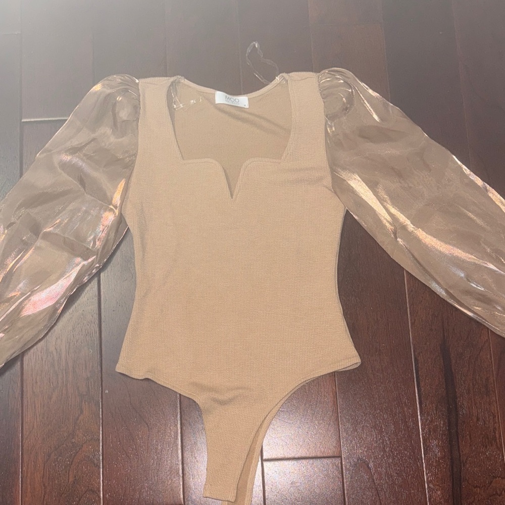 Stylish Tan Kids One Piece with Sheer Sleeves